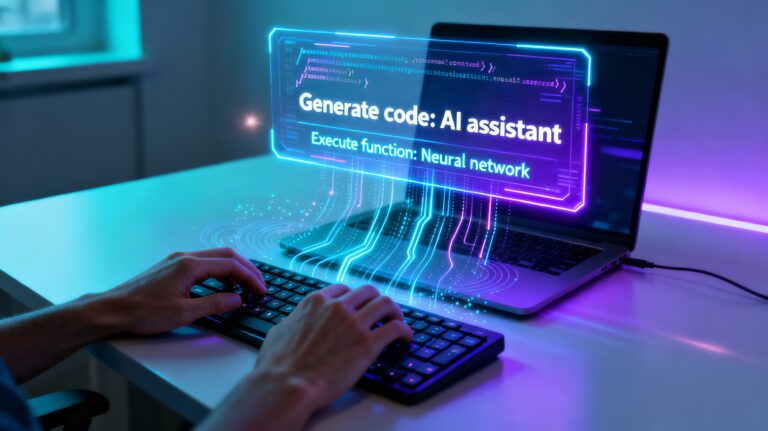 Digital workspace with an AI-powered coding interface, glowing code lines, and creative tech vibes representing vibe coding with generative artificial intelligence.